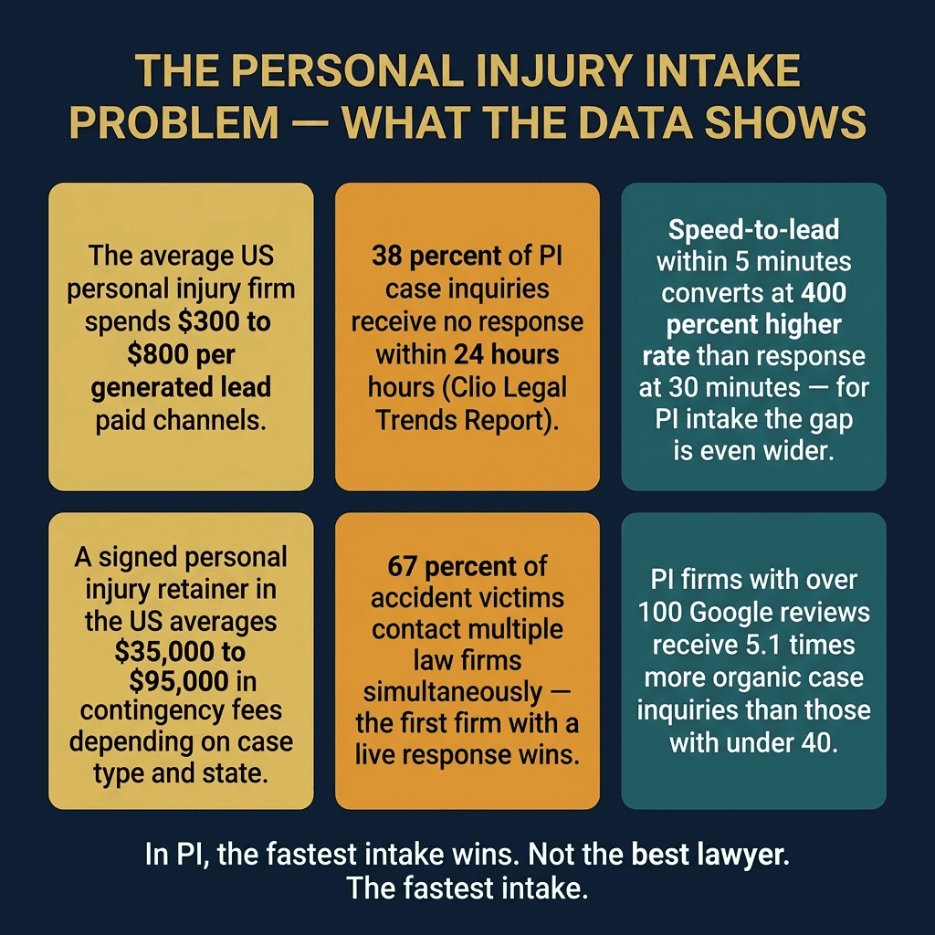 Premium dark US PI law firm market infographic showing 38 percent of PI case inquiries receive no response