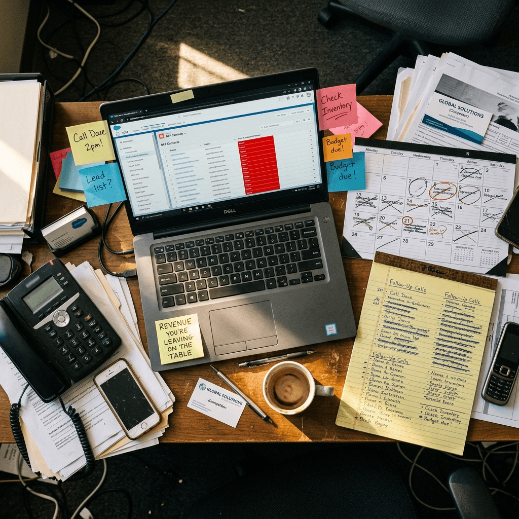 Top-down overhead photograph of a cluttered service business desk: phones, a laptop showing a CRM with 847 contacts and a Last Contacted Never column in red, handwritten follow-up lists, a scratched calendar, sticky notes, cold coffee. A shaft of sunlight lands on a note reading REVENUE YOU ARE LEAVING ON THE TABLE.