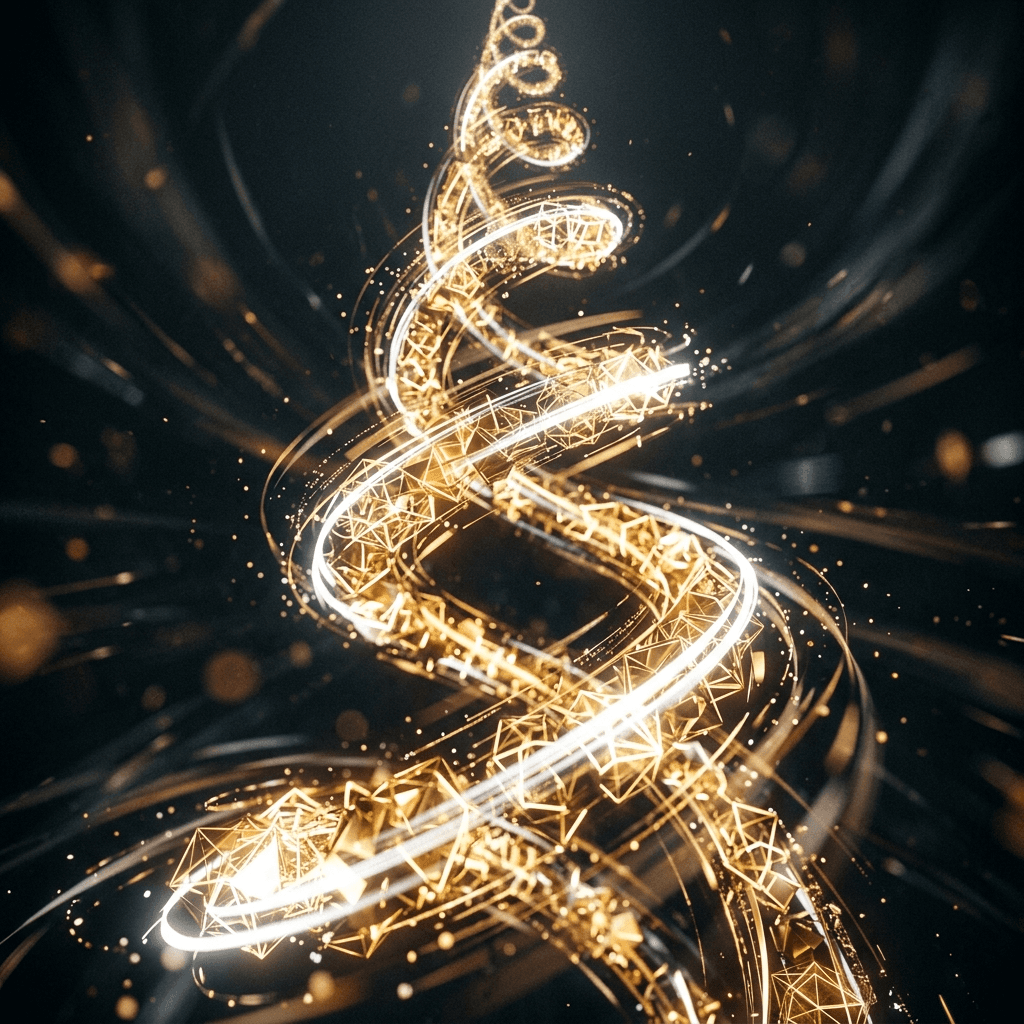 High-fidelity cinematic abstract photograph of bright golden and white geometric ratios spinning upward into a perfect conversion helix.