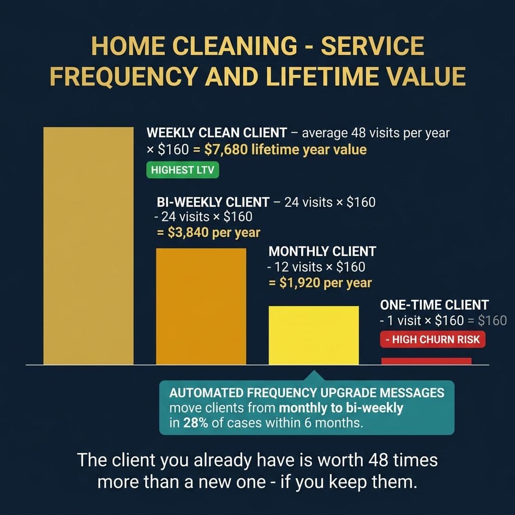 Home Cleaning Service Frequency and Lifetime Value - bar chart from weekly to one-time client LTV comparison