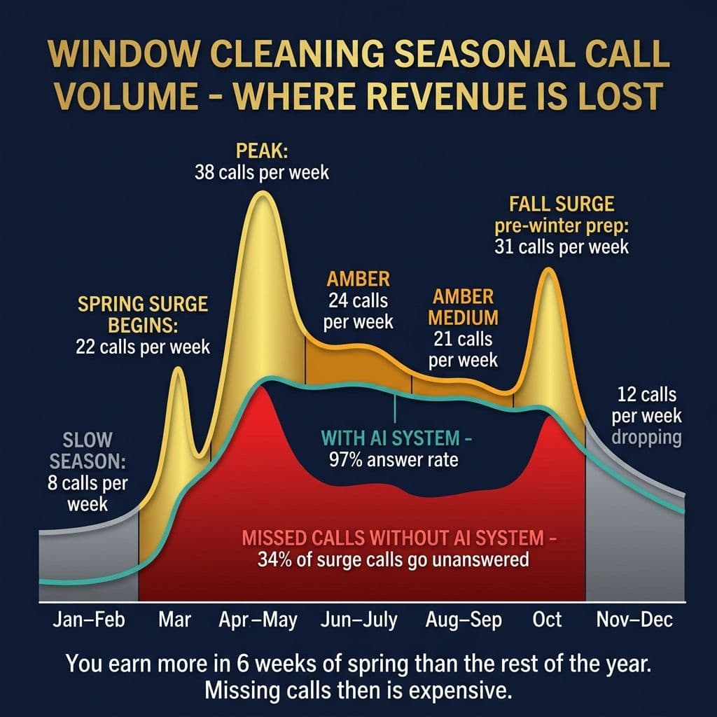 Window Cleaning Seasonal Call Volume - 12-month wave chart showing spring and fall surge peaks and missed calls