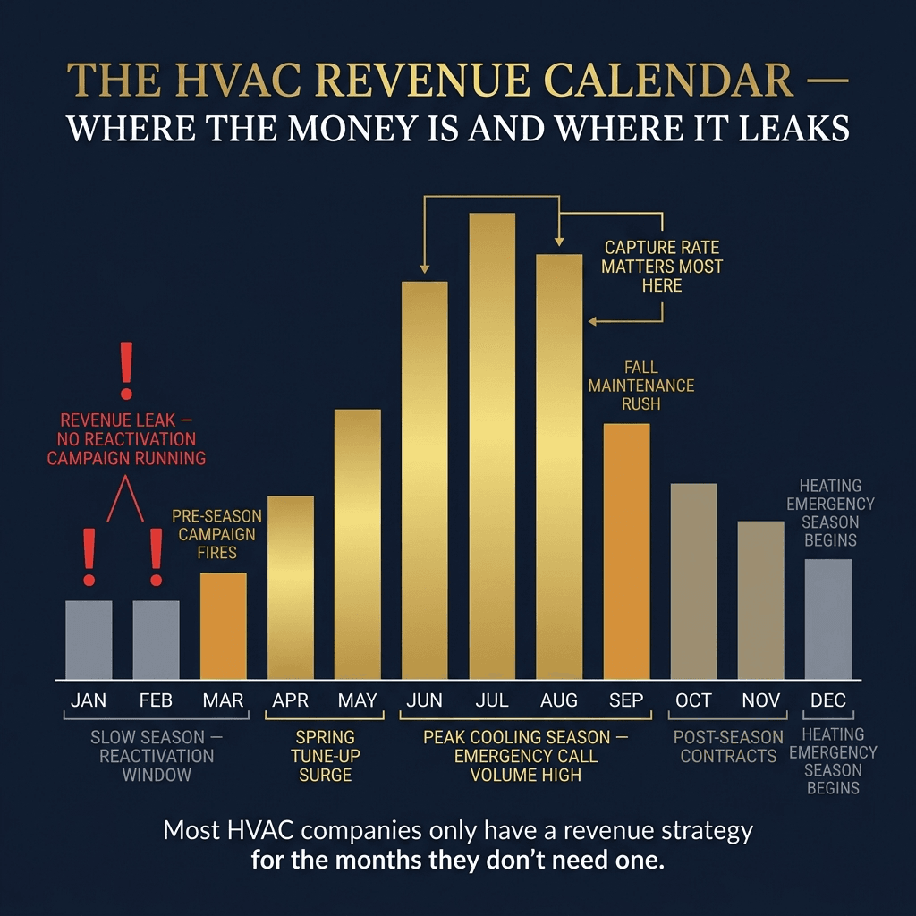 The HVAC Revenue Calendar — Where the Money Is and Where It Leaks. A 12-month bar chart showing slow season (Jan-Feb, grey, REVENUE LEAK warning), pre-season campaign (March, amber), spring surge (Apr-May, gold), peak cooling season (Jun-Aug, tall gold), fall rush (Sep, amber), post-season (Oct-Nov), heating emergency season (Dec). Caption: Most HVAC companies only have a revenue strategy for the months they do not need one.