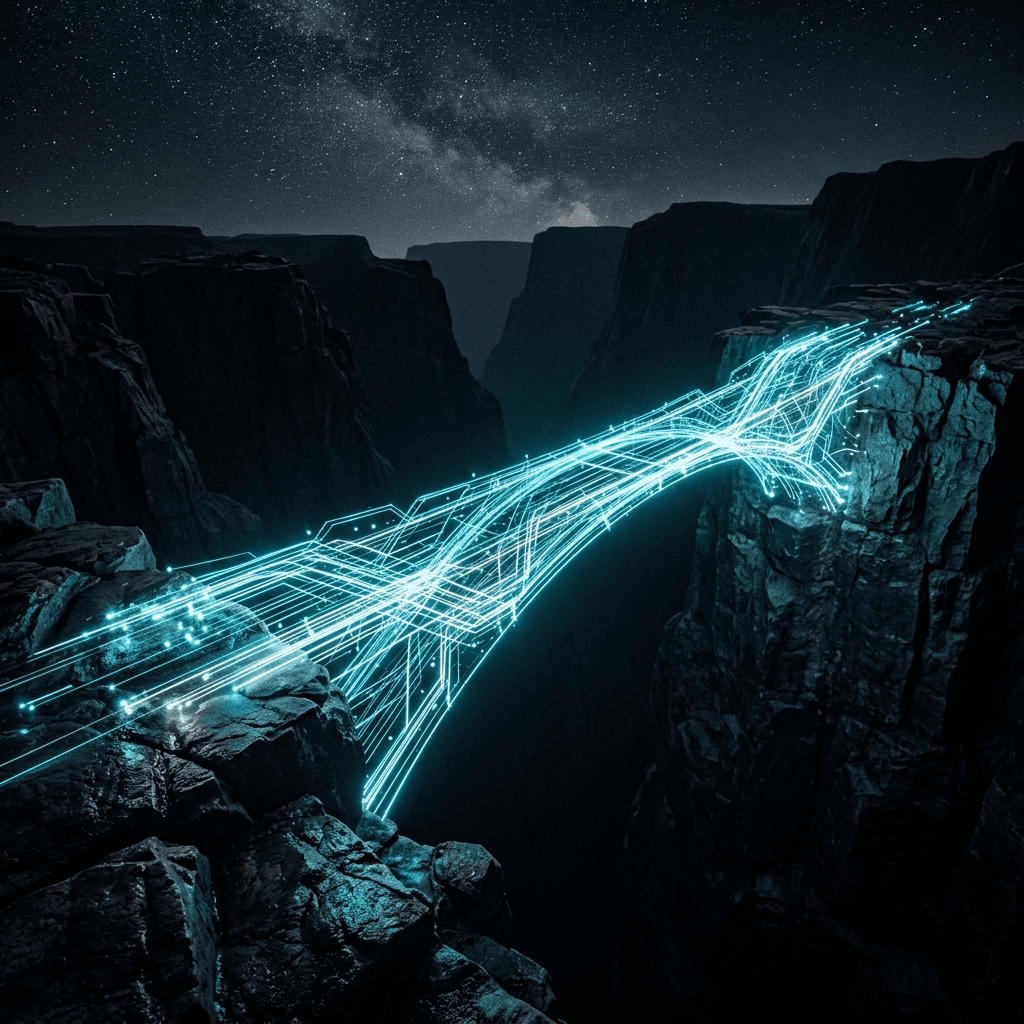 Abstract photograph of a dark void crossed by bright glowing cyan and white data lines perfectly bridging a wide canyon gap.