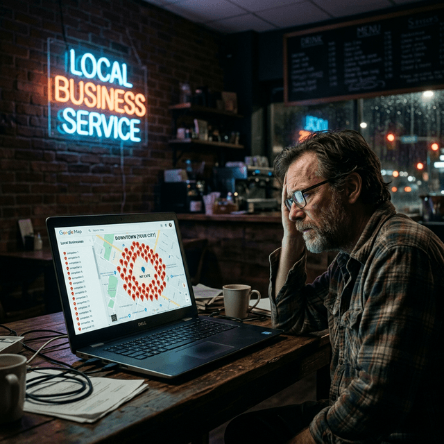 A frustrated service business owner sitting in a dimly lit office, staring at a laptop display showing a cluttered Google Map with intense competitor pins