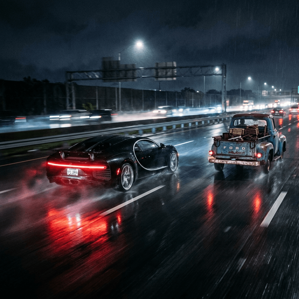 Cinematic photograph of a fast sports car aggressively passing a slow old truck on a dark wet highway at night representing speed to lead dominance.