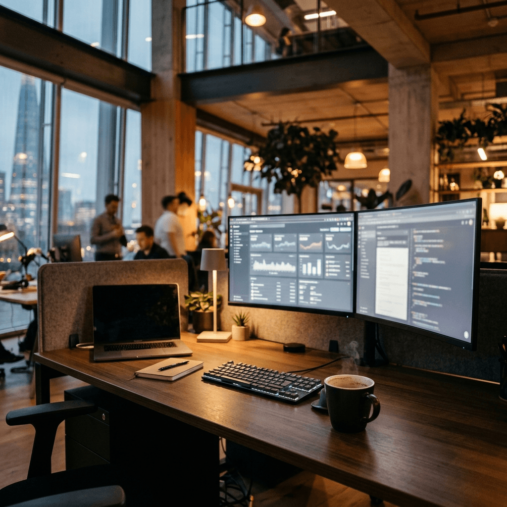 Modern office desk with complex software dashboards illustrating software fatigue