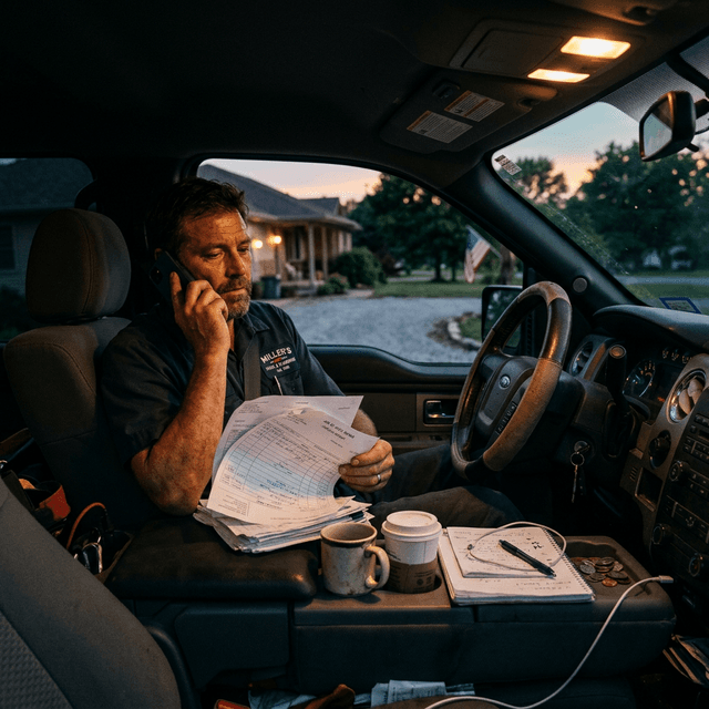 A service business owner in a work shirt with a company logo, sitting in his truck at dusk, phone to his ear, reviewing paperwork on his steering wheel — stretched thin, excellent at his work, and the only one who can do it at his level