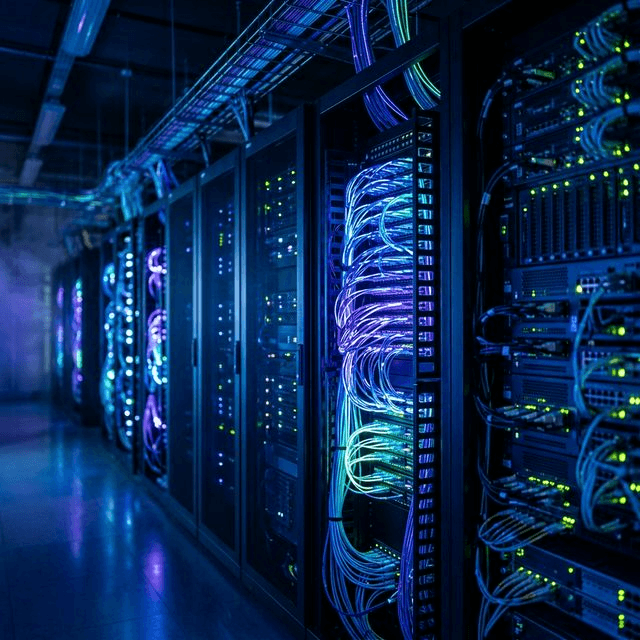 Cinematic: High-end server room with pulsing fiber-optics representing the speed of automation