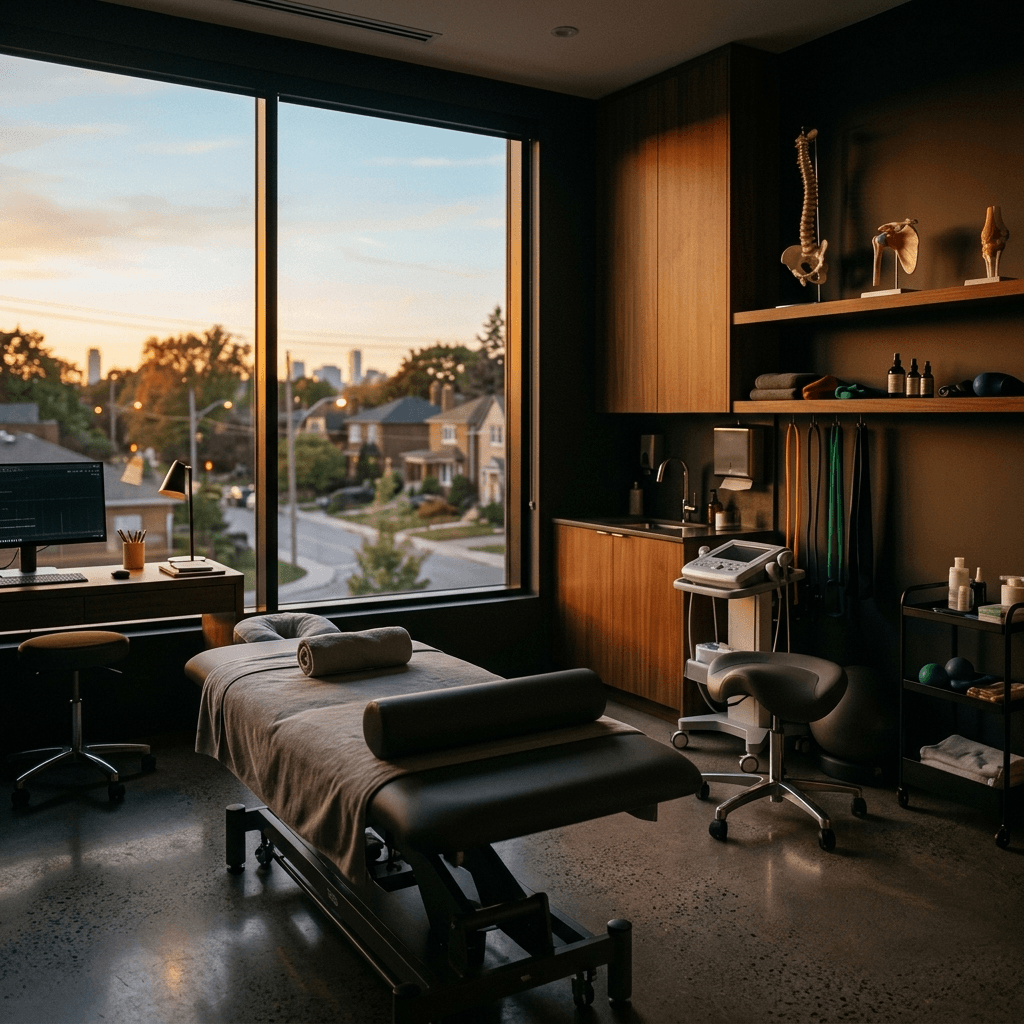 Cinematic dark editorial photograph. A premium Toronto physiotherapy clinic treatment room at golden hour, featuring a sleek modern adjustment table.