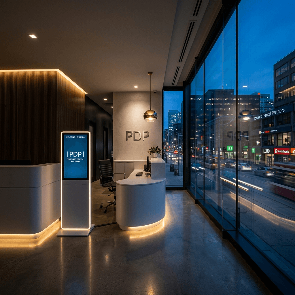 Cinematic dark editorial photograph. A premium modern dental clinic reception area in Toronto at dusk, shot through glass with a pristine white desk and warm ambient lighting.