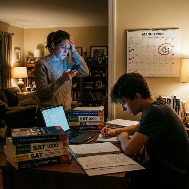 A parent urgently calling a tutoring center at night while their teen studies for SAT exams, SAT prep books stacked on the desk, with exam dates circled on a wall calendar.
