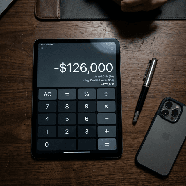 A sleek digital tablet displaying a calculator with a negative $126,000 figure alongside a smartphone on a dark wood desk