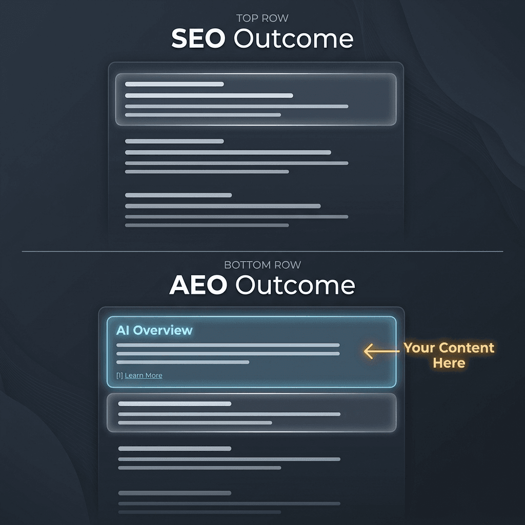 SEO vs AEO outcome comparison: standard organic ranking position versus appearing in the Google AI Overview above organic results