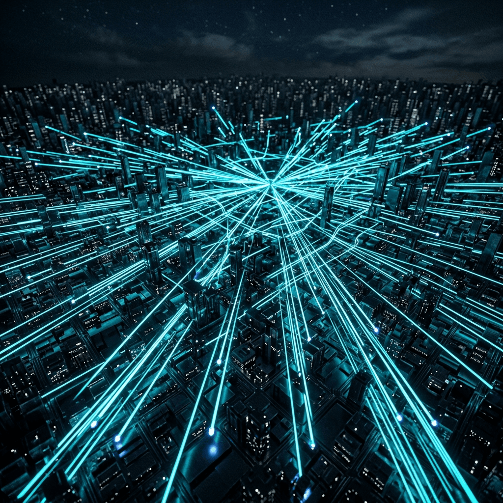Abstract neon vector map over a dark grid representing rapid instantaneous AI courier routing logistics.