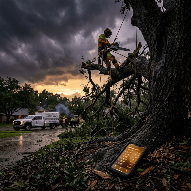 An arborist 50 feet up in a storm-damaged tree with a chainsaw while a phone with missed calls sits on the ground below, as a competitor truck pulls into a neighboring driveway.