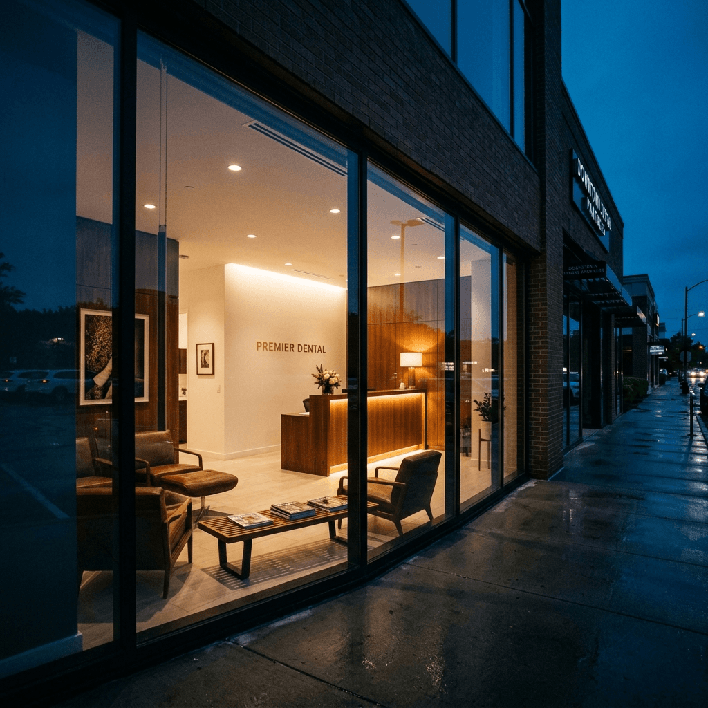 Cinematic dark editorial photograph. A premium US dental clinic exterior at dusk, highlighting a sleek architectural facade with warm amber interior lighting.
