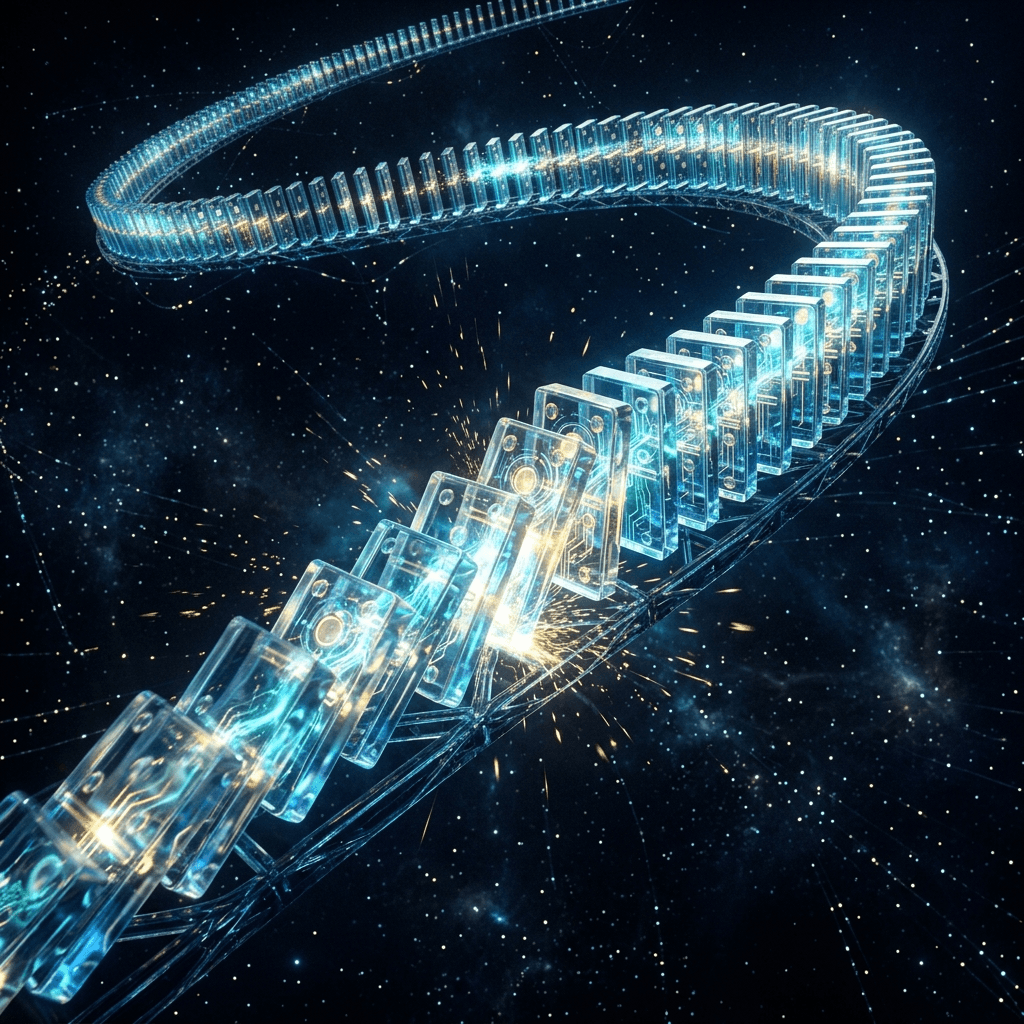 Cinematic abstract 3D render of a flawless chain reaction of glowing glass dominos perfectly falling over a dark void.