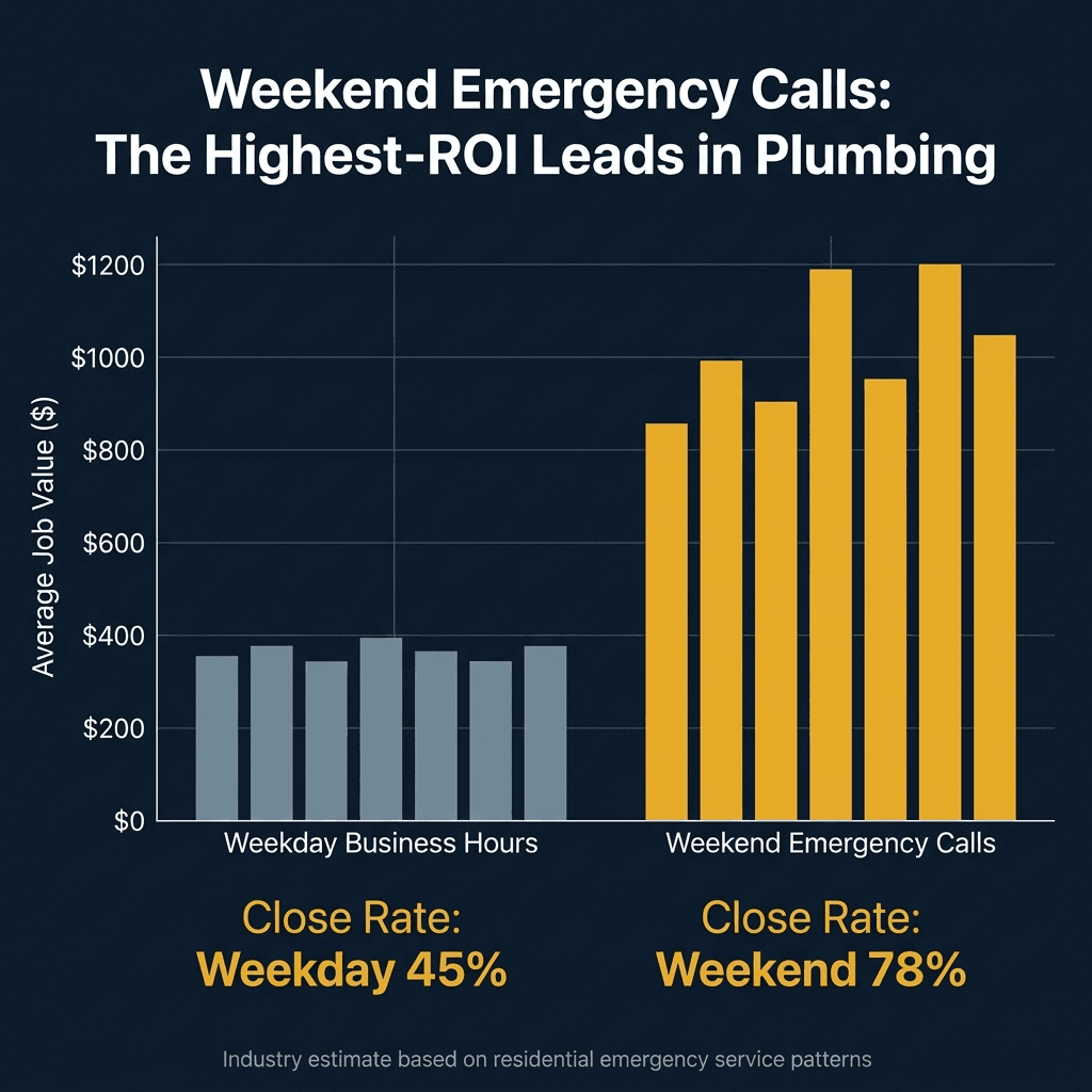 Bar chart comparing weekday business-hours job values versus weekend emergency call values — showing weekend calls generate 2-3x higher revenue with 78% close rate