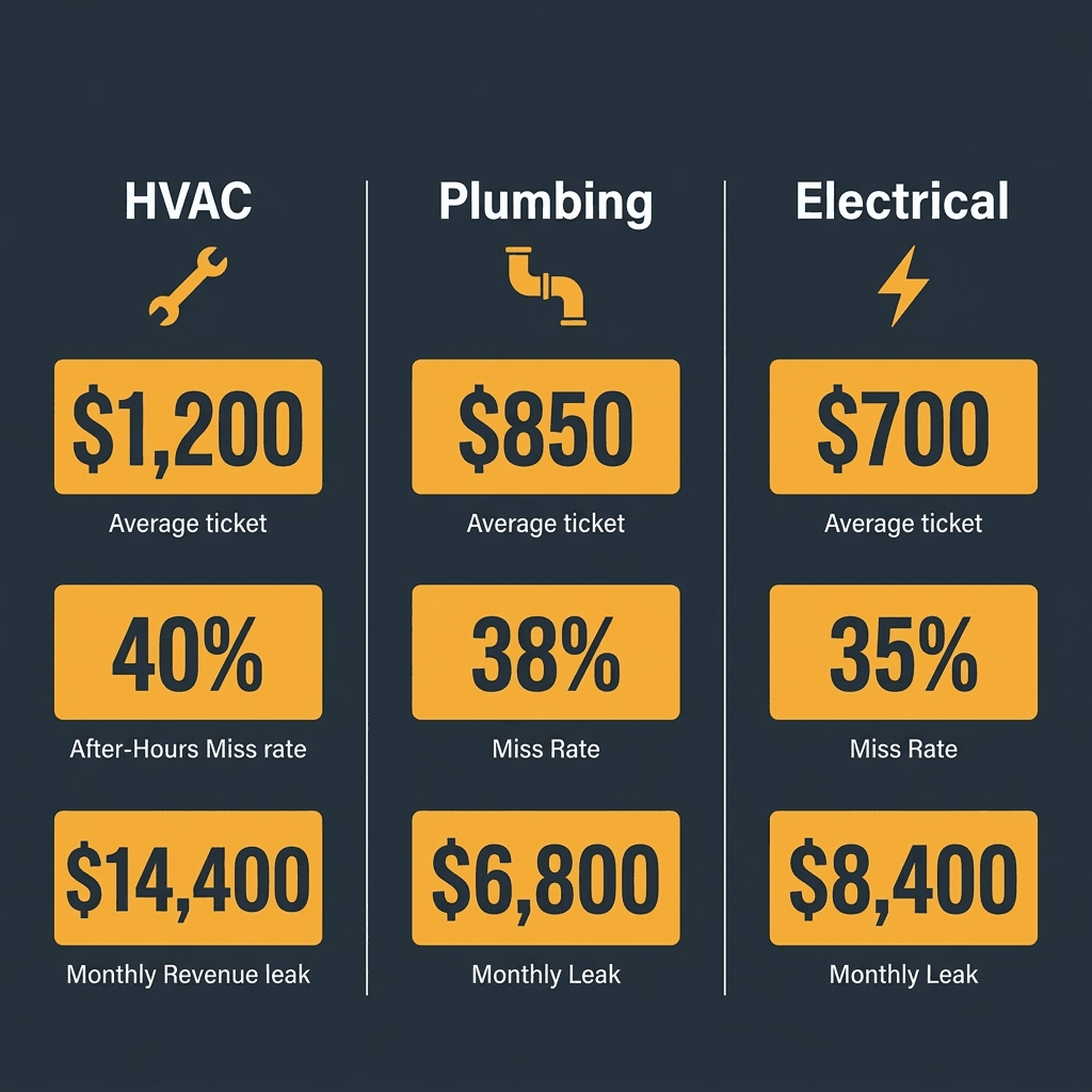 Revenue leak comparison for HVAC, plumbing, and electrical: average ticket size, after-hours miss rate, and monthly revenue impact
