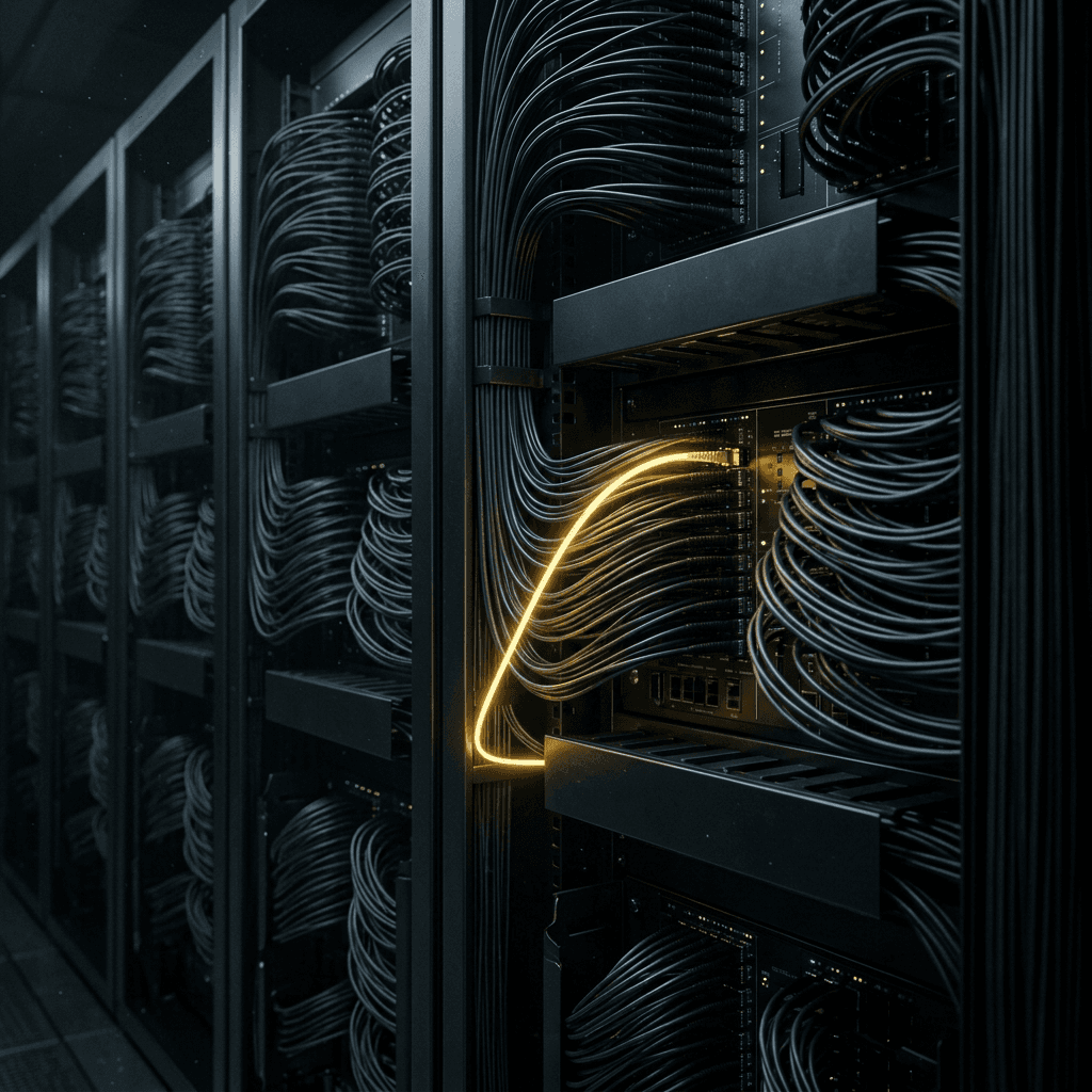 Abstract 3D render of a massive, perfectly organized high-tech switchboard or data server rack, with one solitary fiber optic cable glowing brilliantly in pure gold.