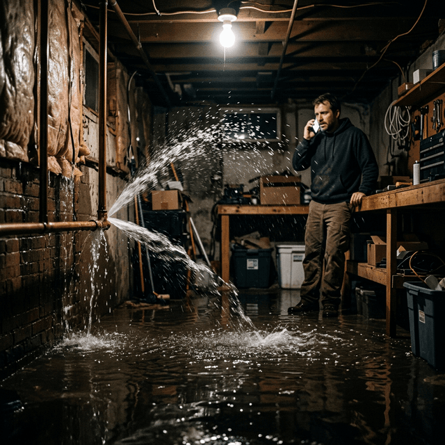 Homeowner on phone watching water spray from a burst copper pipe in a flooded basement, waiting for a plumber to answer
