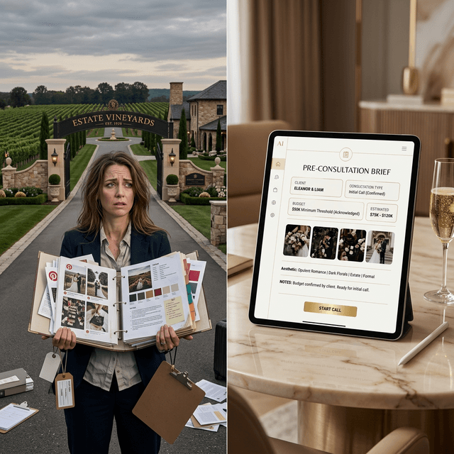 Split screen showing a stressed wedding planner holding expensive Pinterest printouts at a venue on the left, and a sleek AI dashboard confirming a $50K budget minimum on the right.