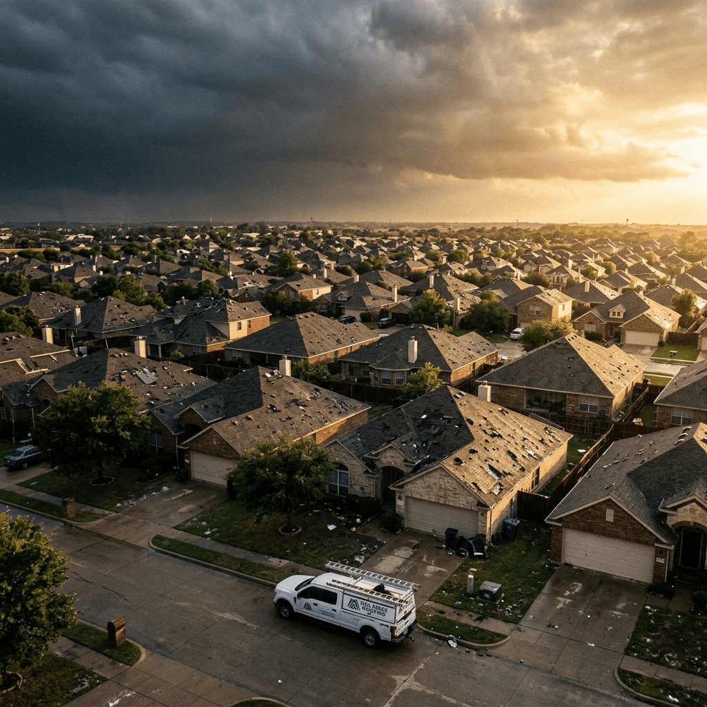 Aerial view of US suburban rooftops after a storm, gold light breaking through storm clouds, representing AI revenue recovery for roofing companies