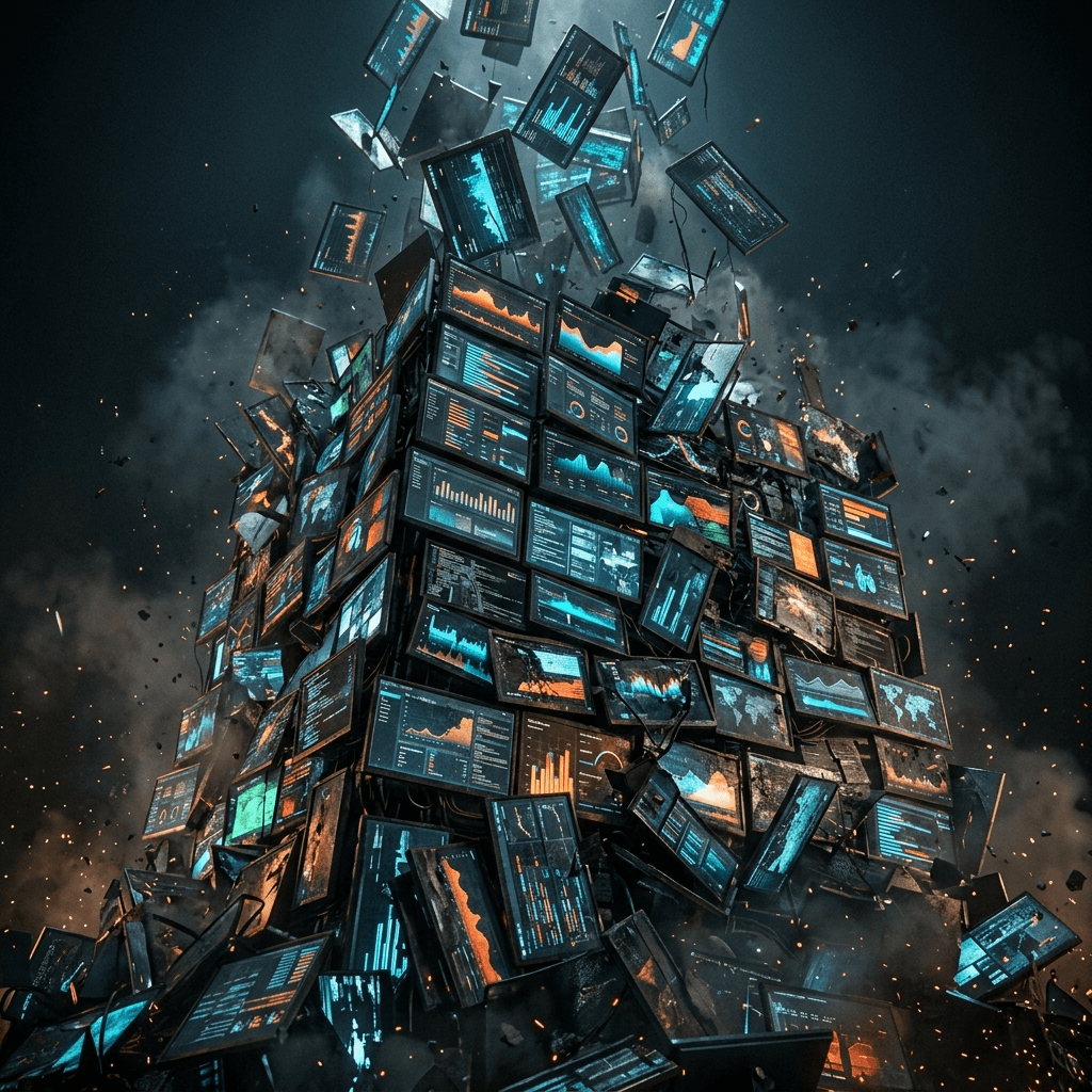 Cinematic abstract 3D render of a towering chaotic mountain of glowing software dashboards crushing downward representing tool fatigue.