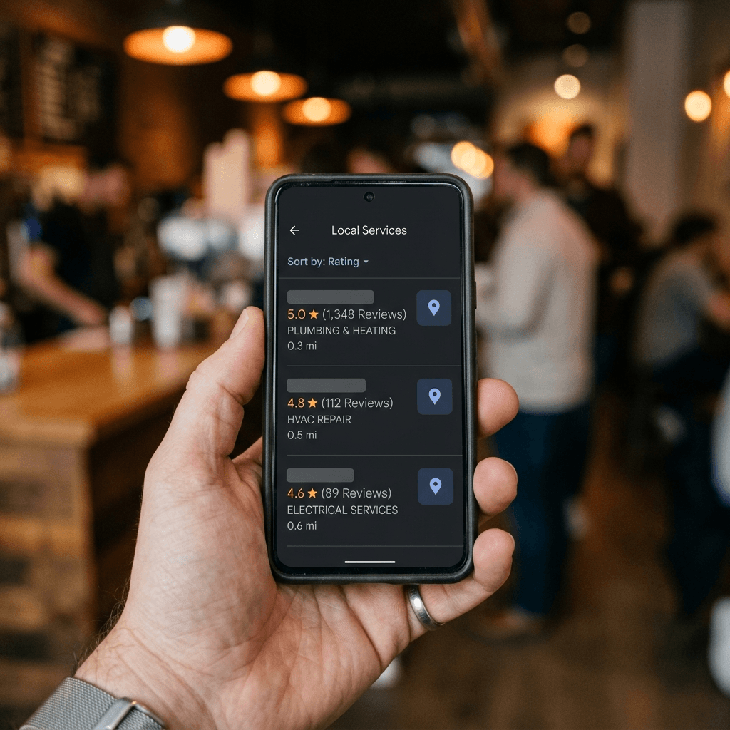 Hand holding smartphone showing Google Maps local service search results with three listings, star ratings and review counts visible, top result showing significantly more reviews than others, warm blurred background lighting