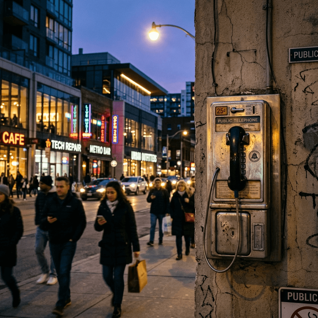 A vintage payphone mounted on a wall at dusk in a modern city street — sharp in focus while contemporary glass storefronts and pedestrians with smartphones blur in the background — representing a legacy technology surviving into a world that has moved on, symbolizing the commoditization of the AI receptionist