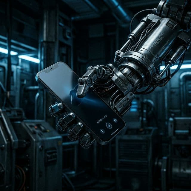 Cinematic shot of a robotic arm holding a phone representing a cold automated experience