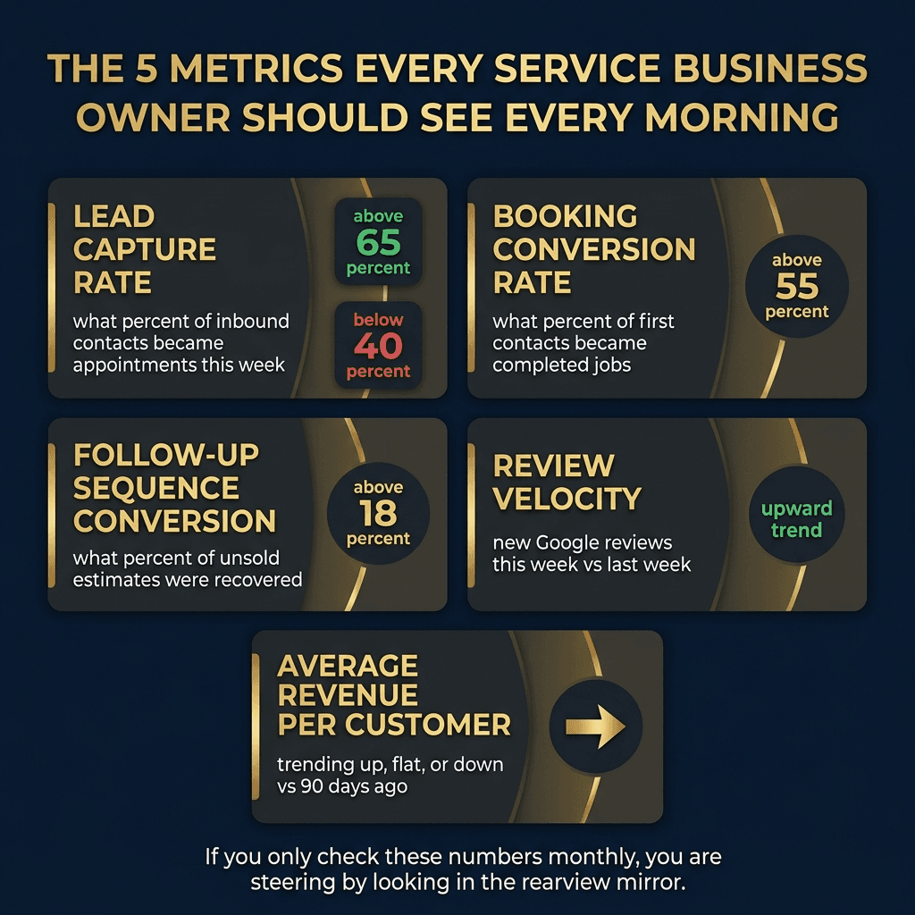 The 5 Metrics Every Service Business Owner Should See Every Morning — five dark metric cards: Lead Capture Rate (above 65%), Booking Conversion Rate (above 55%), Follow-Up Sequence Conversion (above 18%), Review Velocity (upward trend), Average Revenue Per Customer. Caption: If you only check monthly, you are steering by looking in the rearview mirror.