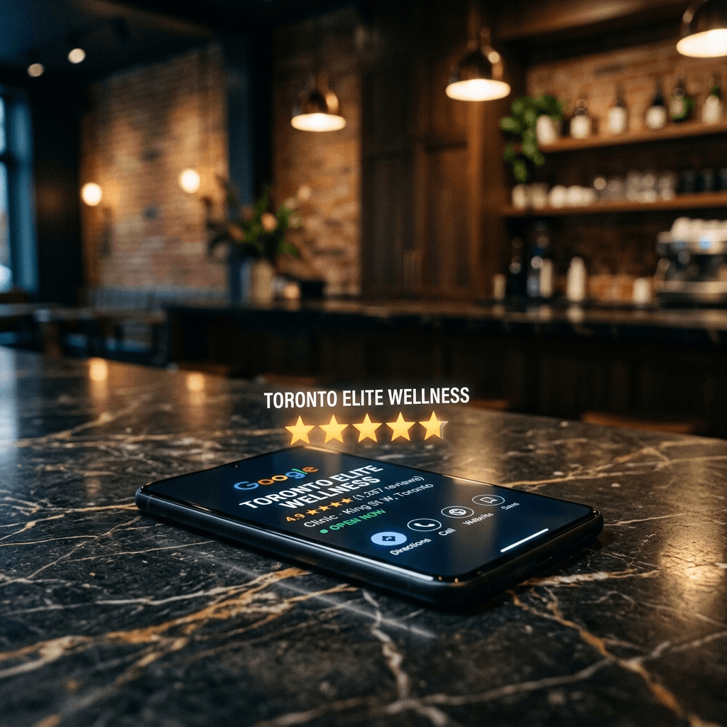 Smartphone on dark marble surface showing Toronto Elite Wellness Google Maps profile with 4.9 stars — representing AI reputation management for GTA businesses