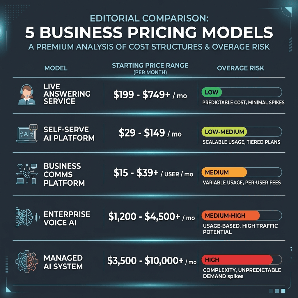 Five AI receptionist pricing models compared for small service businesses in 2026