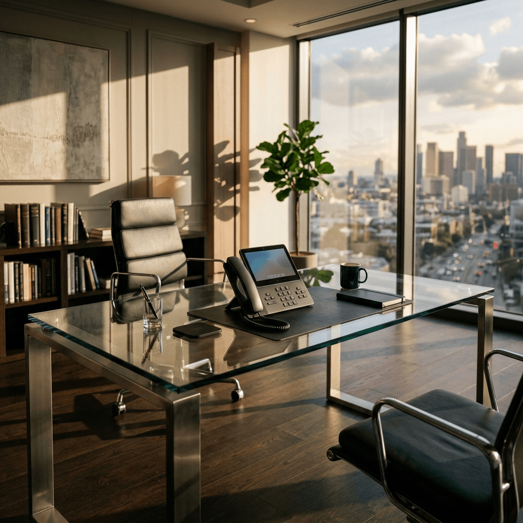 Cinematic visual of a silent luxury business office representing the cost of missed calls and delayed follow-ups.