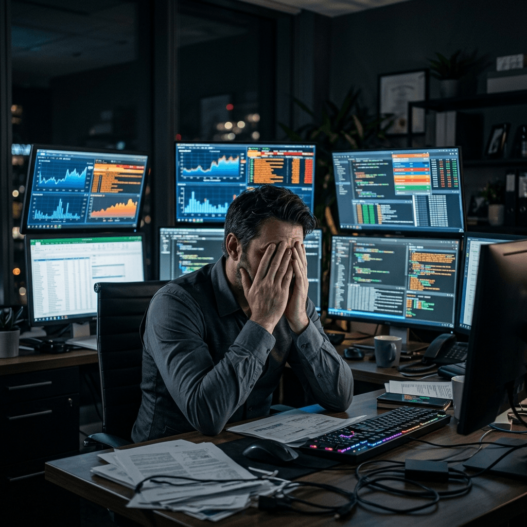 Cinematic portrait of an overwhelmed professional resting their head in their hands surrounded by six chaotic monitors.