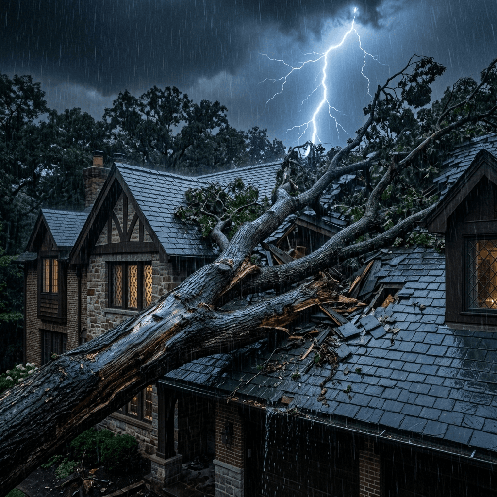 Cinematic visual of a fallen oak tree on a luxury home roof during a thunderstorm, representing high ticket emergency tree service dispatch.