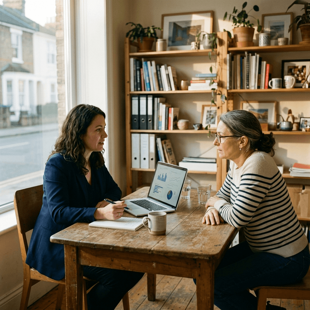 Business consultant and small business owner sitting across from each other at a simple wooden table, laptop with charts open between them, warm afternoon light from side window, intimate diagnostic session