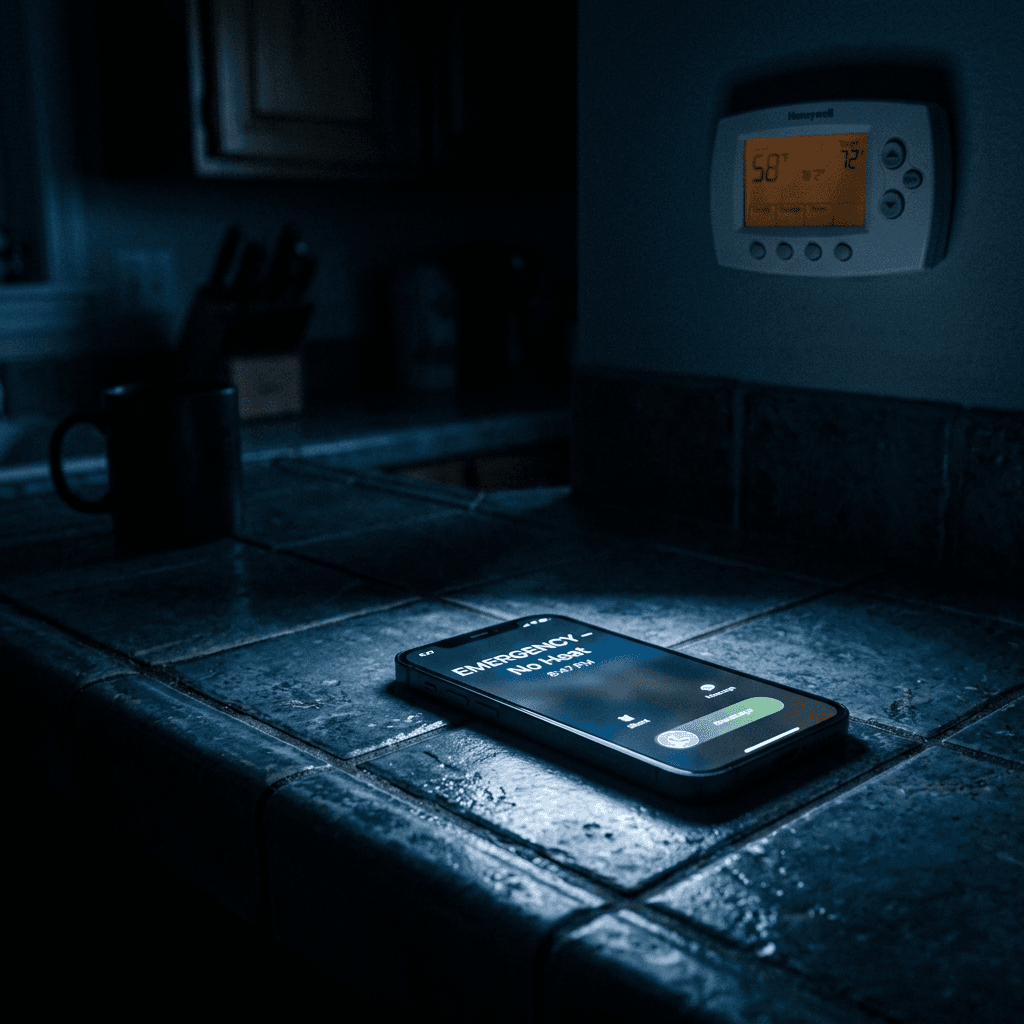 Phone on a kitchen counter at 8:47 PM showing an incoming HVAC emergency call — the moment most HVAC companies lose their highest-intent leads