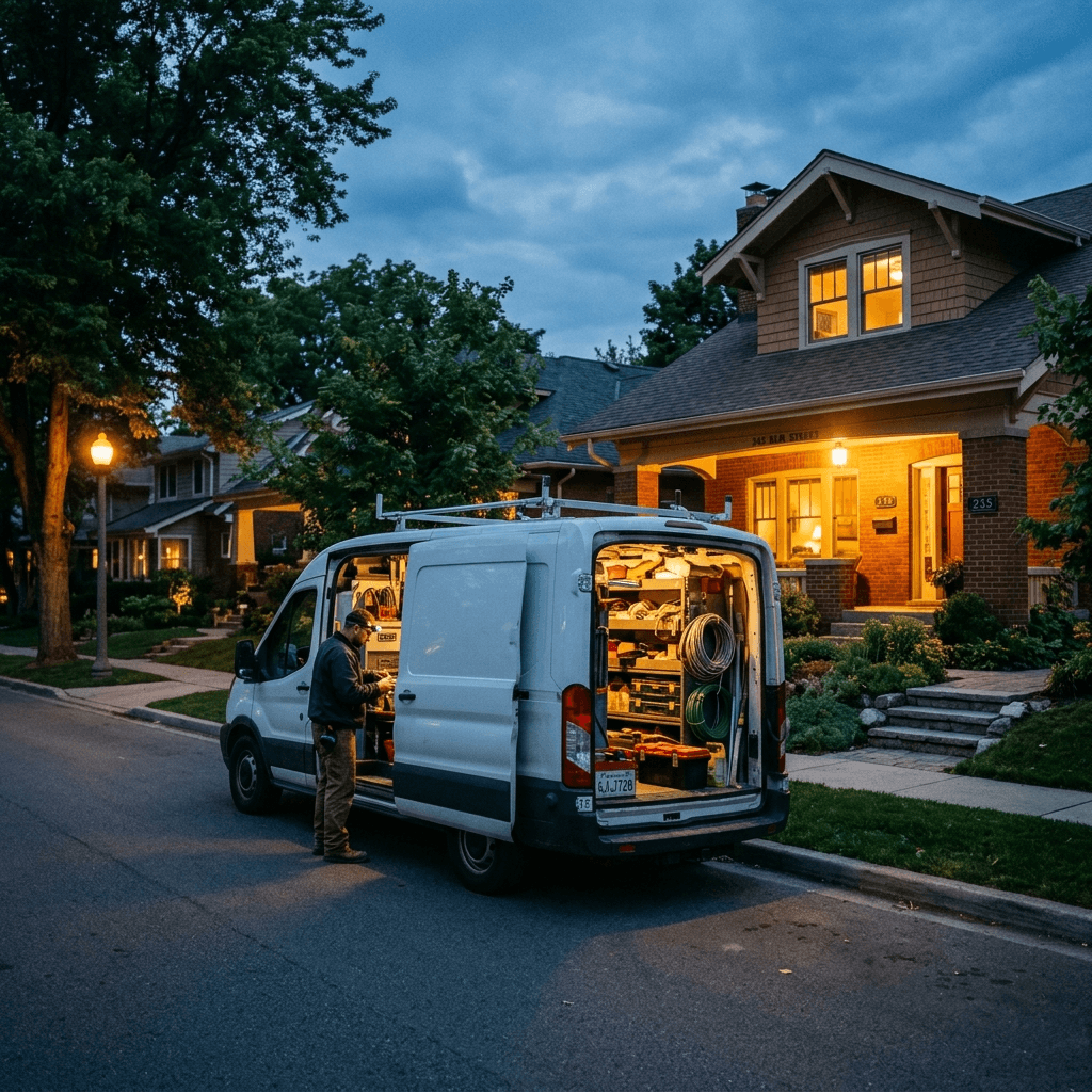 Electrician service van parked in front of suburban home at dusk, van side panel open with tools visible, porch light on, blue-gold evening light