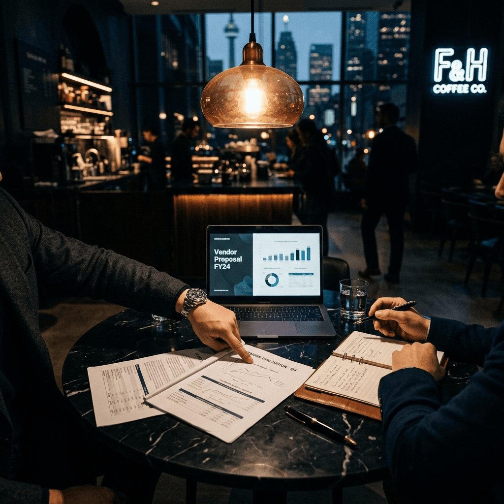 Toronto business meeting at a dark marble table — Vendor Proposal document open on laptop, representing evaluation of an AI agency in Toronto