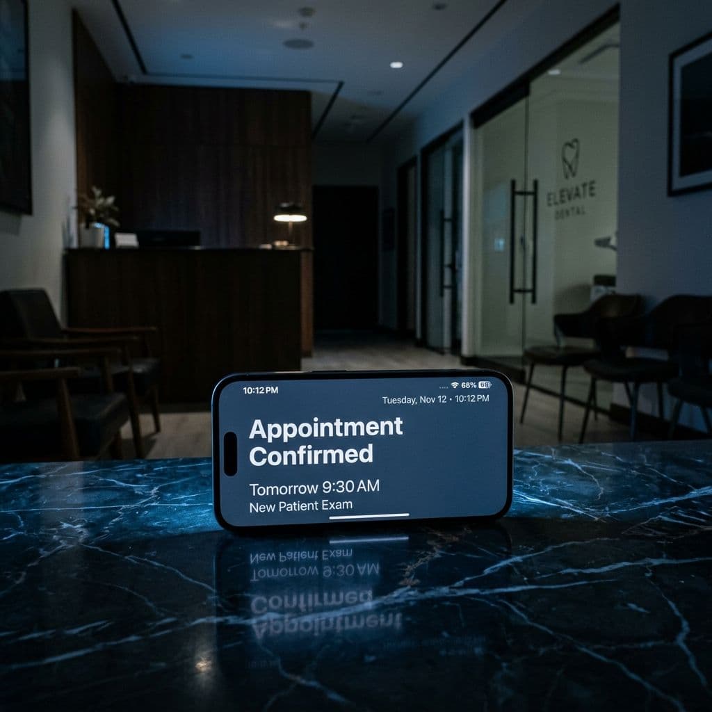 Smartphone showing a dental appointment booking confirmation at 10:12 PM — the practice is closed but the AI Business Operating System is booking patients