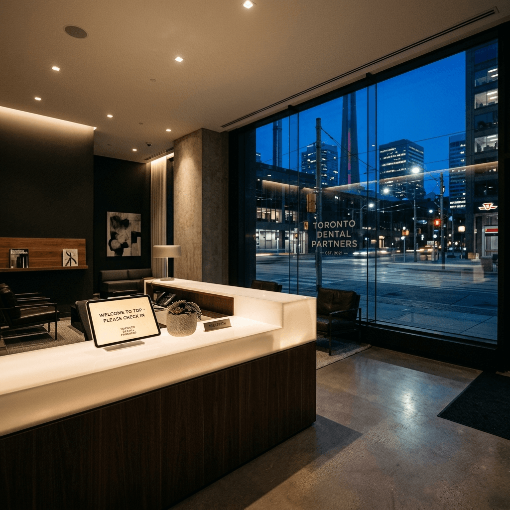 Modern Toronto Dental Partners reception area at blue hour — glowing check-in screen, white counters, Toronto street and TTC streetcar track visible through full-height glass window