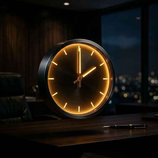 Minimalist glowing analog clock showing 2:00 AM, reinforcing the always-on nature of the Protocol