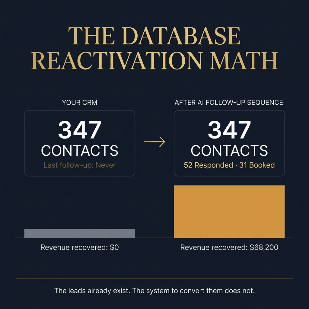 The Database Reactivation Math infographic: 347 contacts in CRM with last follow-up never and zero revenue recovered, versus 347 contacts after AI follow-up sequence with 52 responded, 31 booked, and $68,200 in revenue recovered — caption reads the leads already exist the system to convert them does not