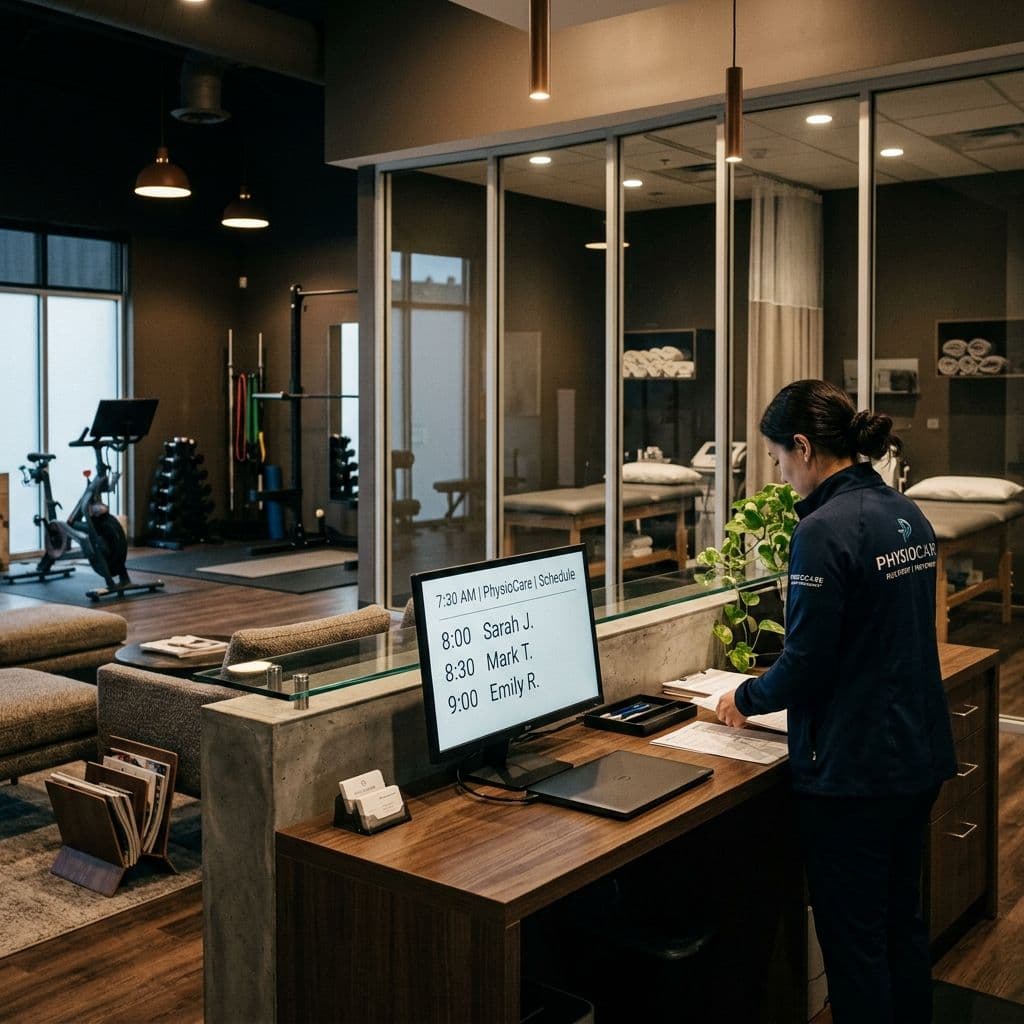 Cinematic dark editorial photograph of a modern physical therapy clinic treatment area in the early morning.