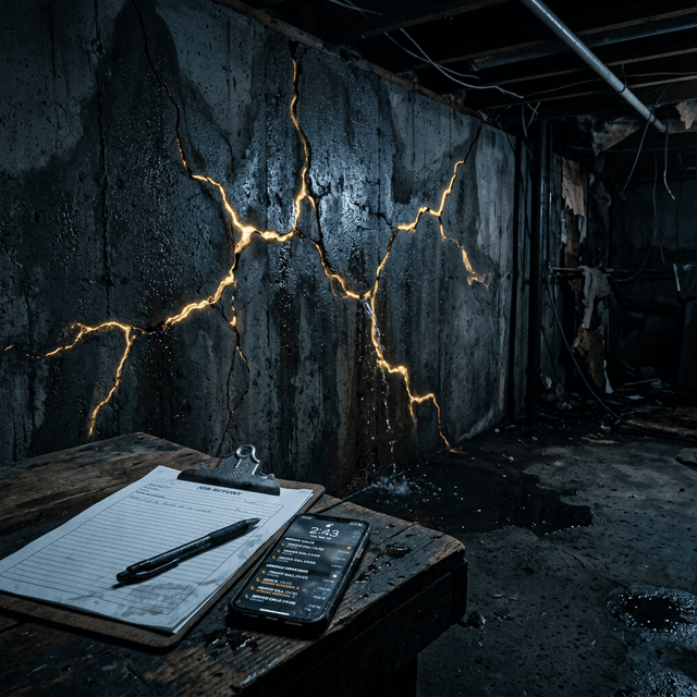 Cracked foundation basement wall with gold-lit hydrostatic pressure fractures and contractor phone showing missed calls representing spring season revenue leak