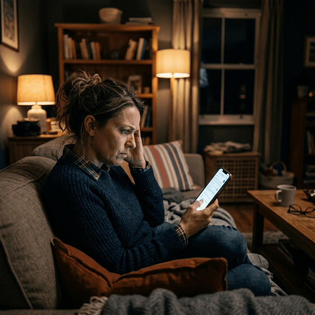 Cinematic portrait of a frustrated and skeptical homeowner looking at their smartphone on the couch.