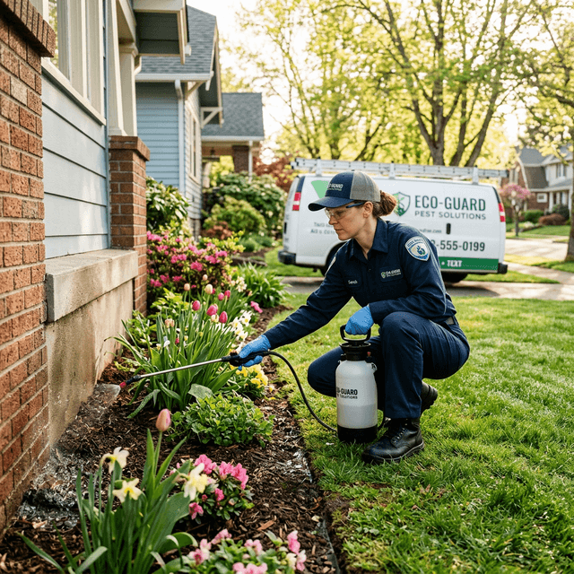 A pest control technician in uniform crouches at the foundation of a suburban home in spring, spraying perimeter treatment while a branded service van waits in the driveway