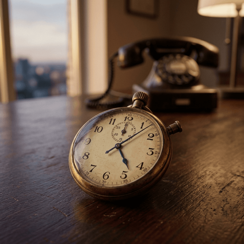 Vintage brass stopwatch on a dark mahogany desk, second hand mid-sweep past the five-minute mark, a classic telephone blurred in the background at dusk — the window is open, it is closing